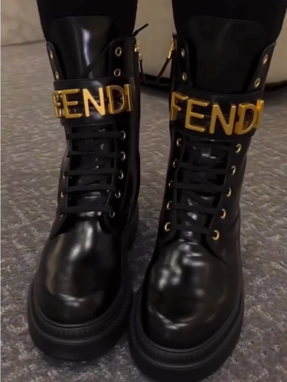 Fendi Black Leather Lace-Up Combat Boot with Gold Fendi Lettering Strap